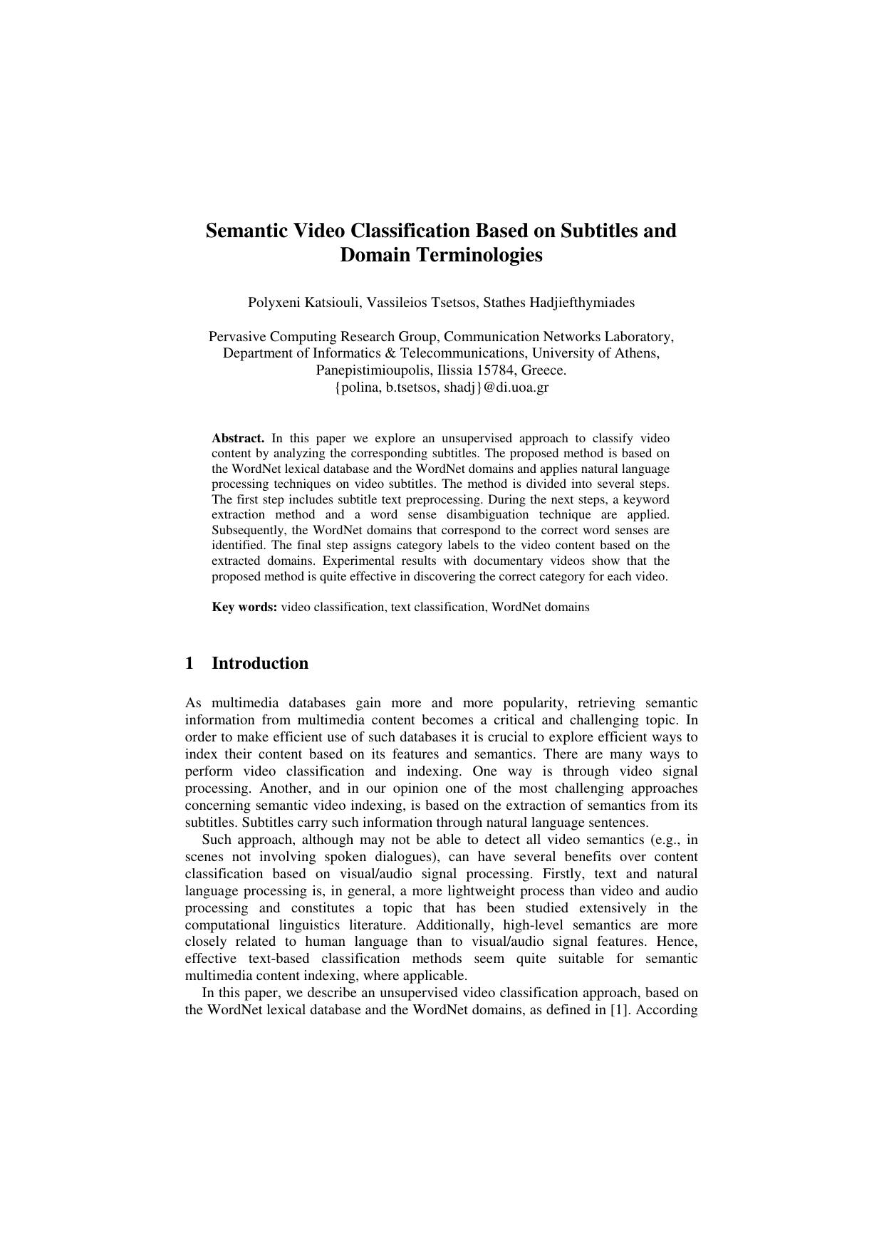 Semantic Video Classification Based on Subtitles and Domain Terminologies