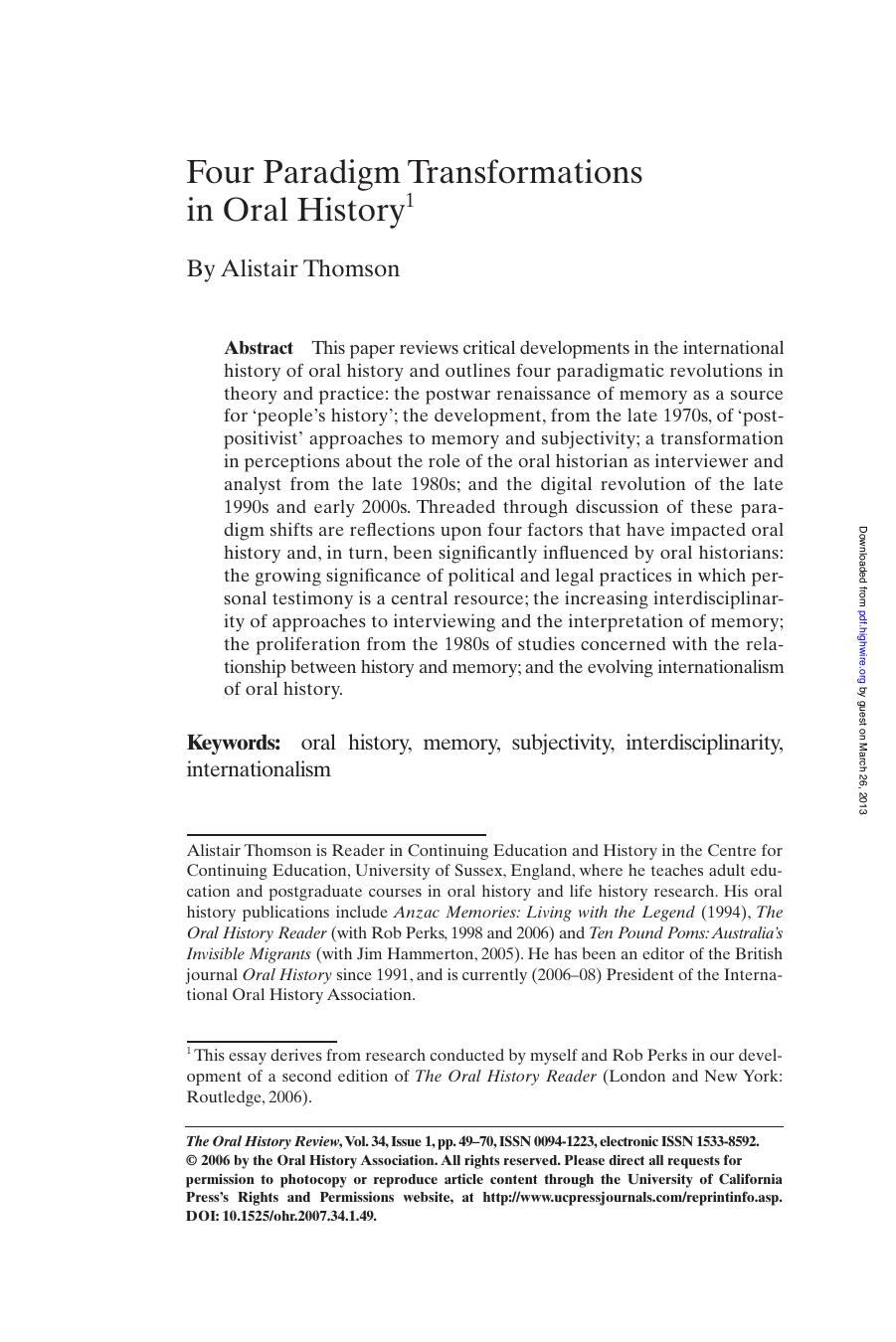 Four Paradigm Transformations in Oral History