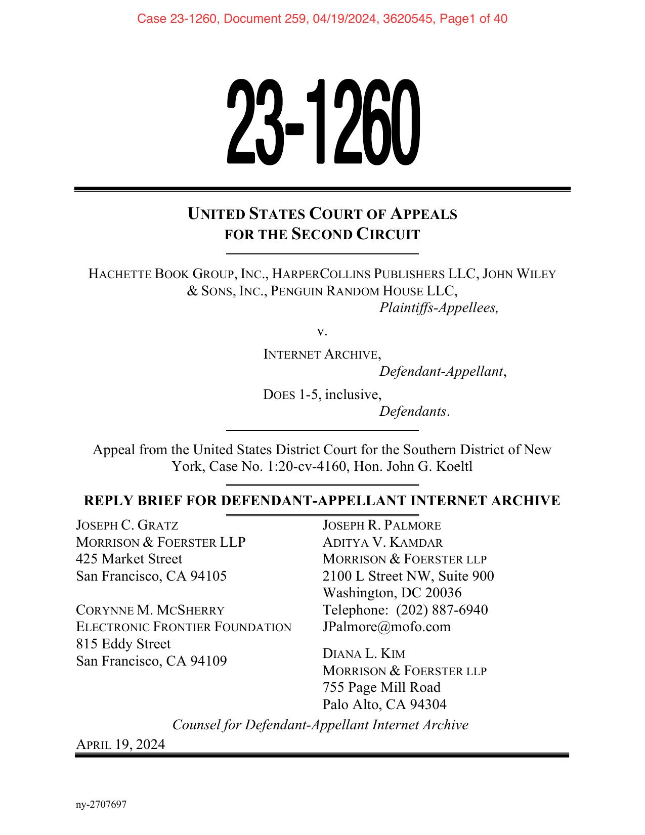 2024-04-19 Reply Brief Hachette v Internet Archive