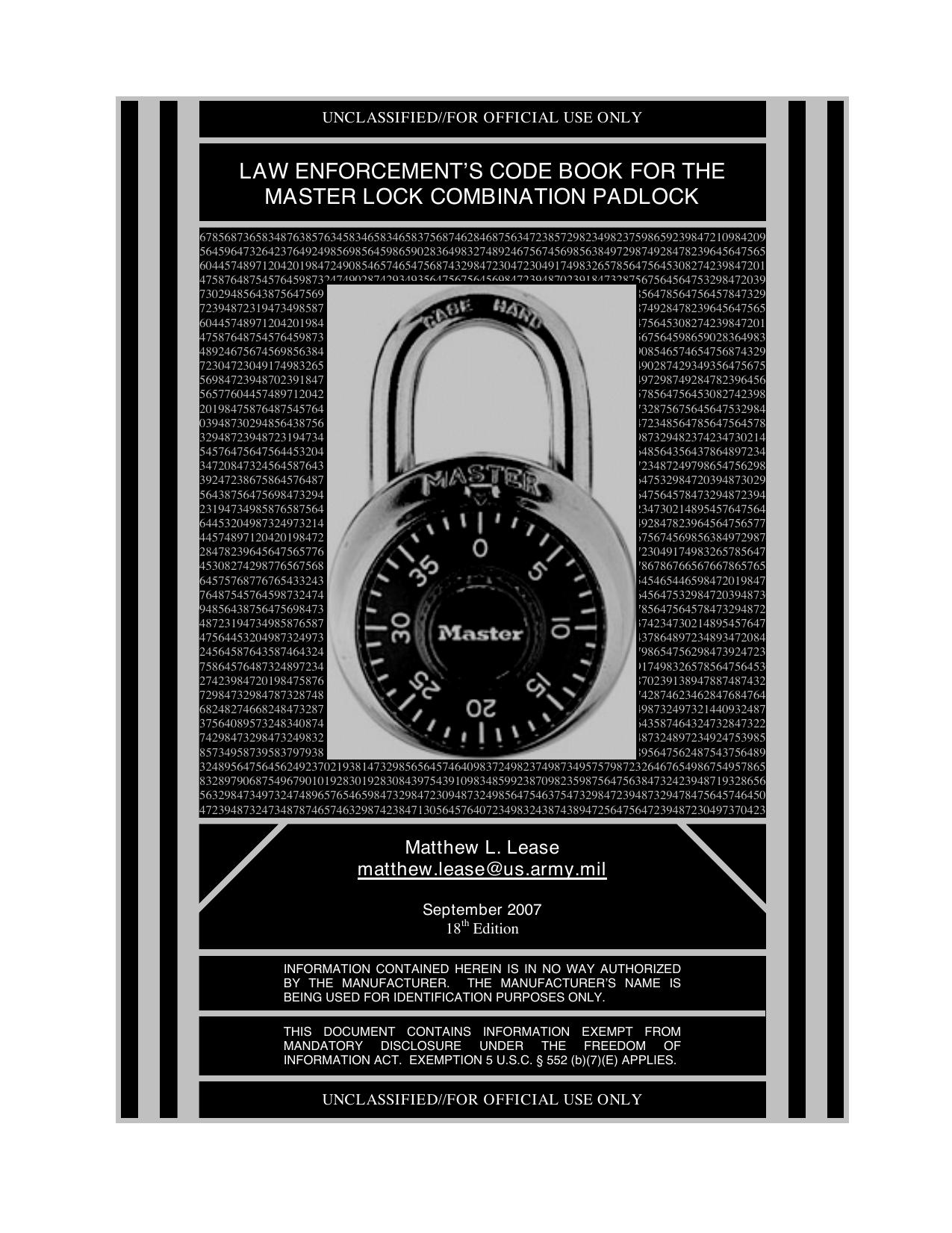 Law Enforcement’s Code Book for the Master Lock Combination Padlock