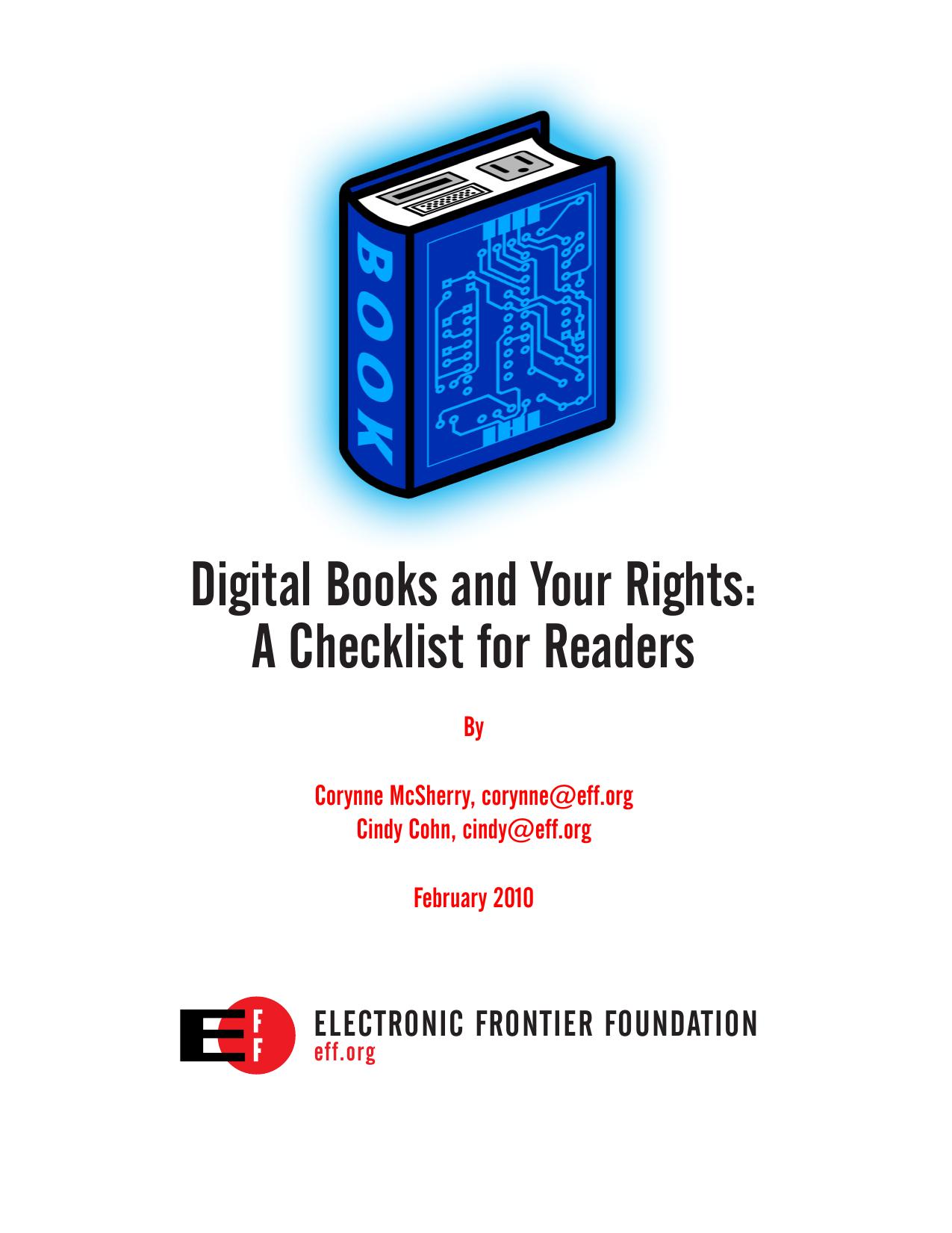 Digital books and your rights a checklist for readers -- Corynne McSherry; Cindy Cohn -- 2010 -- Electronic Frontier Foundation -- d3178562faa90a57fc5ef23d8a9c6106 -- Anna’s Archive